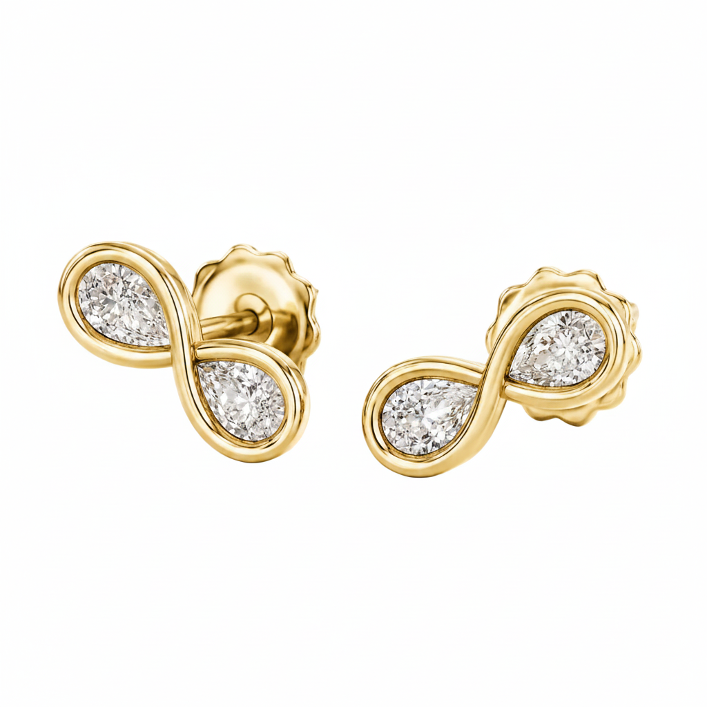 Gold earrings with diamond accents on a white background