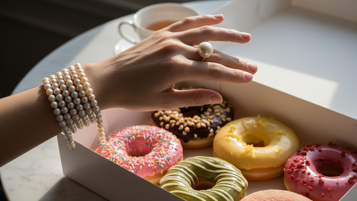 create a woman's hand going to grab a donut from a box of donuts and she has a nice pearl bracelet and a pearl ring