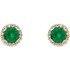 Pair of emerald green gemstone earrings with gold and diamond accents on a white background