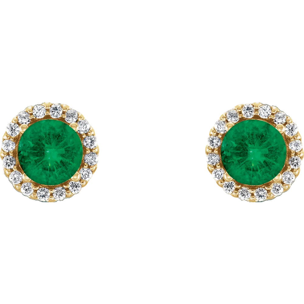 Pair of emerald green gemstone earrings with gold and diamond accents on a white background