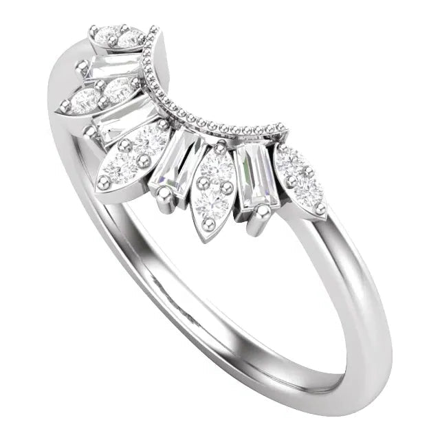 Silver ring with diamond accents on a white background