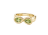 Pearfinity Gold ring with natural peridot gemstones on a white background