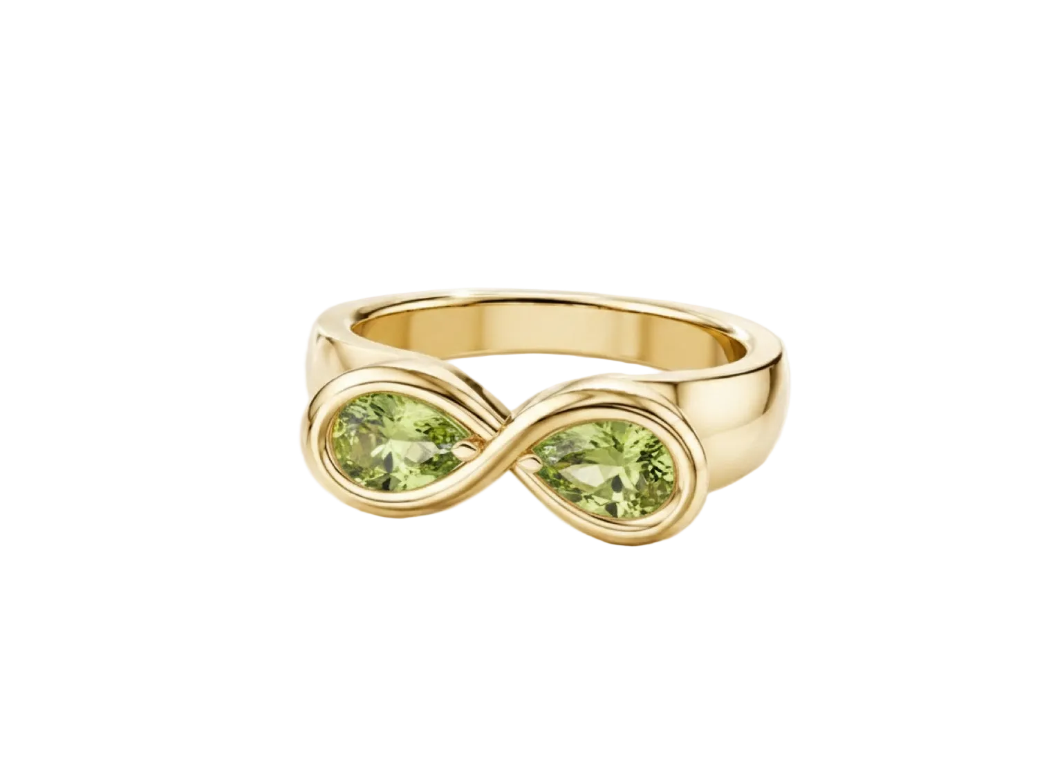 Pearfinity Gold ring with natural peridot gemstones on a white background