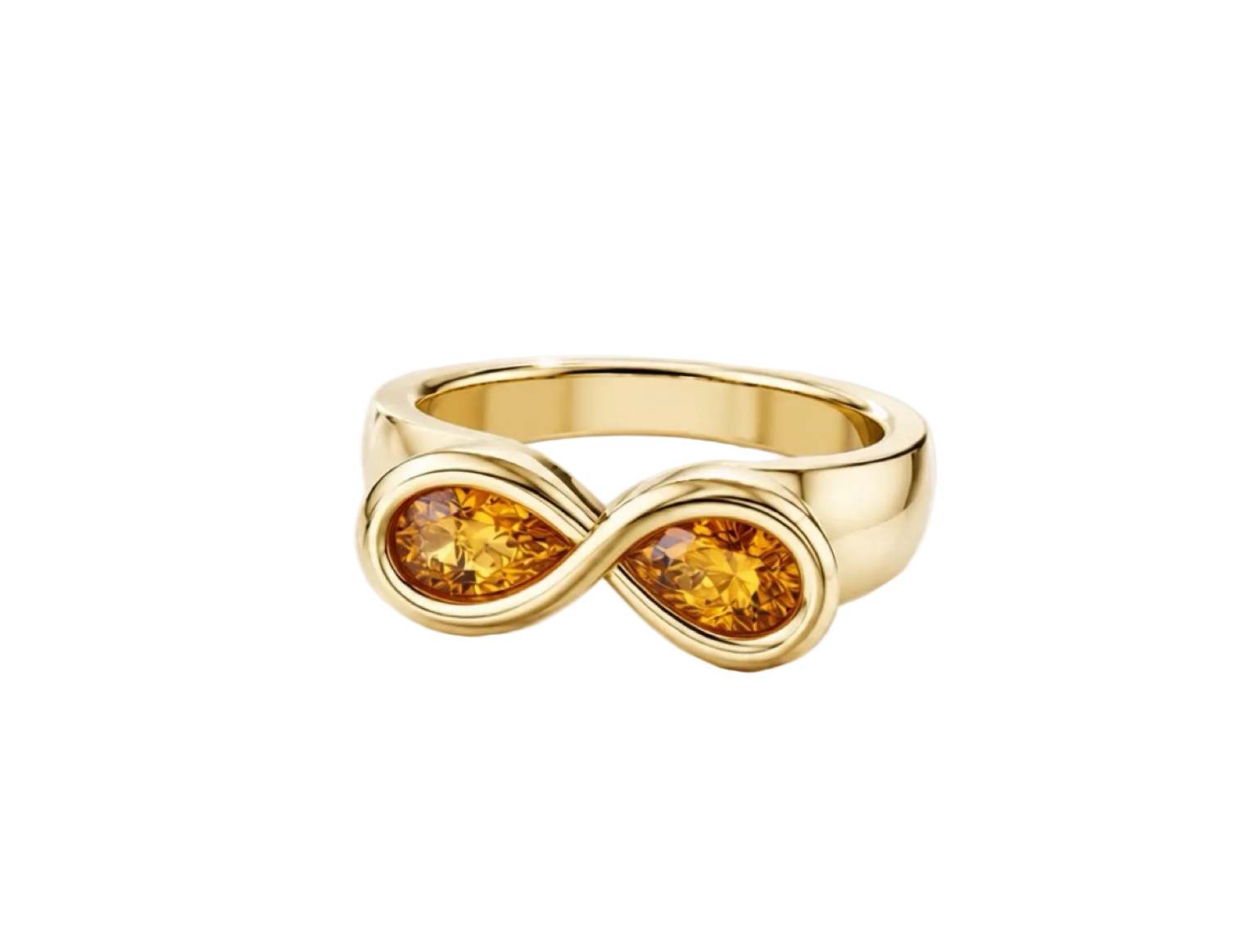 14K Yellow Gold pearfinity ring with two embedded citrines on a white background