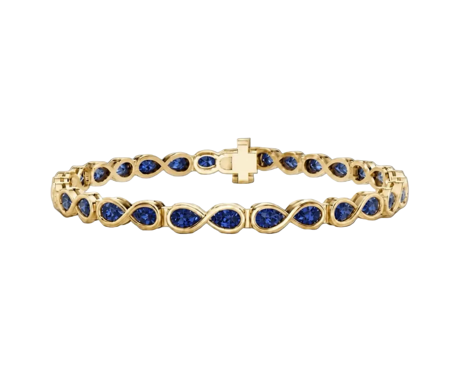 Gold bracelet with blue stones on a white background