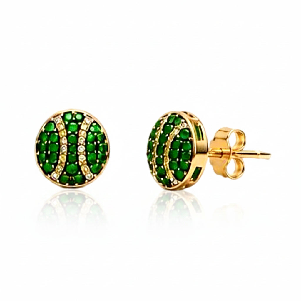 Gold earrings with green gemstones on a white background