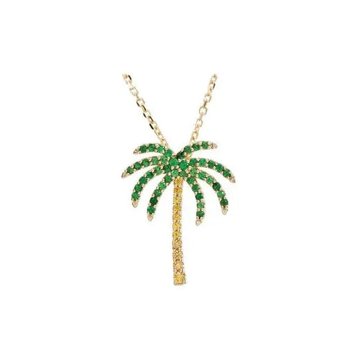 Palm tree necklace with green gemstones on a white background